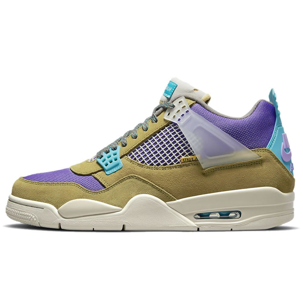 Union x Air Jordan 4 30th Anniversary Desert Moss DJ5718-300 olive purple turquoise mesh and translucent wings product image